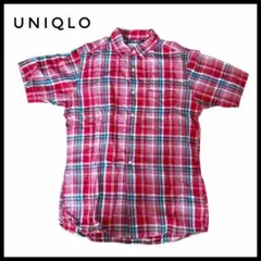 UNIQLO ユニクロ　半袖　チェック　シャツ レッド　Lサイド　麻　リネン