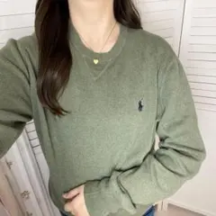 現行 ポロラルフローレン コットンニット クルーネック カーキ ポニー刺繍
