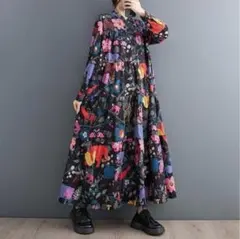 アニマル　フラワー　長袖　個性ワンピース　カラフル　花　ロングのサムネイル