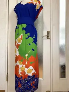 お着物　リメイク　ロングワンピース　ハンドメイド　腰紐リボン付き