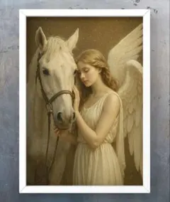 幸福の白馬とヒーリング天使　開運グラフィックアート　額縁付き