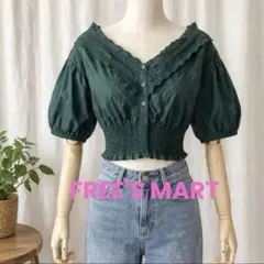 【FREES MART】グリーン ブラウス 五分袖 レースフリル ショート丈のサムネイル