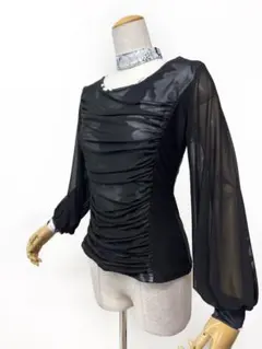 【チョカー付き】新品　黒 バルーンスリーブ プリント二重カットソーｂ014