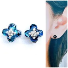 マーブルブルー6mmお花ピアス/イヤリング　人気　再販