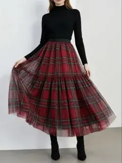赤チェック チュールロングスカート フレアのサムネイル