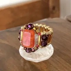 12－14号　スクエアビーズと竹ビーズのリング　赤×ゴールド
