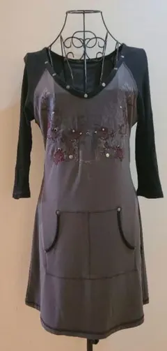 『OzzOn OzzCroce』グレー五分袖ラグランチュニックワンピース