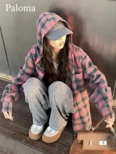 【試着のみ】SHEIN ピンク　チェック柄　フード付きシャツ　長袖