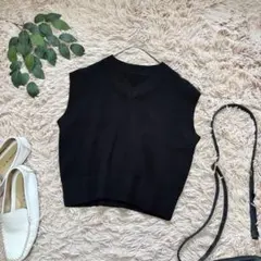 7159✾無印良品✾リブニットベスト【S】ブラック/Vネック/ショート丈/綿混