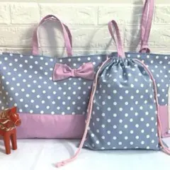 ハンドメイド　レッスンバッグ ★入園入学グッズ3点セット★ ドット柄リボン♪