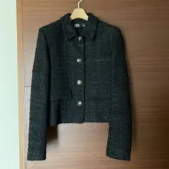 ZARA ブラック 千鳥柄 ツィード クロップドジャケット
