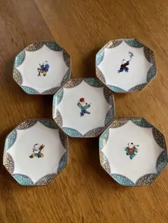 九谷焼青郊窯唐子絵変わり中皿5枚セット