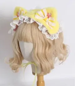 《新品未使用》ふわふわ猫耳ドットリボンレースLolitaヘアバンド黄色のサムネイル
