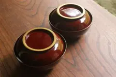 小傷あり！シンプルデザインに時代金縁溜塗の美しいお椀2点（検輪島塗煮物椀