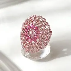 11－13号　ビーズ リング 指輪　大きい丸型　ピンク×クリアシルバー