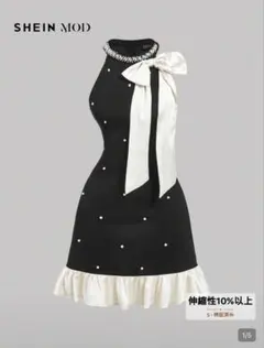 SHEIN MOD パール装飾 リボン ミニワンピース ブラック
