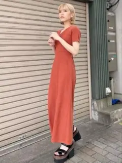 MURUA アシメネックバックオープンワンピース　オレンジ　半袖　レディース