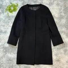 イネド 11 L ノーカラーコート 黒 ウール100% 日本製 通勤 フォーマル