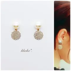 no.110 【寄付対象作品】パール×ゴールドレースのピアス or イヤリング