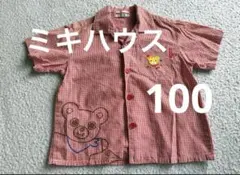【100cm】　ミキハウス　半袖シャツ　トップス　くま　チェック　赤