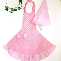 《受注》姫エプロン   ピンク水玉  ３点セット   110-130