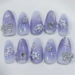 【♡No.3♡】ネイルチップ マグネット パープル リボン キラキラ フラワー