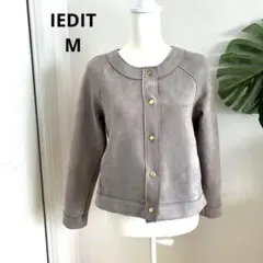 【イディット】ノーカラージャケット　ショート丈　フェイクレザー　グレージュ　M