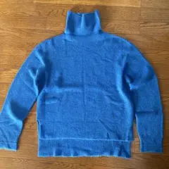 青 タートルネック 長袖ニットセーター