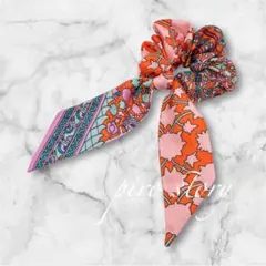 リボンスカーフ　シュシュ　ヘアーゴム　オレンジ小花