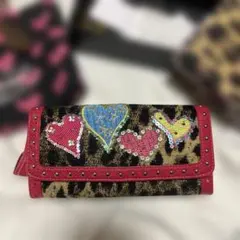 Think Beeレオパード柄 ハート刺繍 長財布 ピンク
