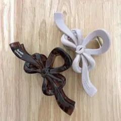 リボン　ヘアクリップ　バンスクリップ　べっ甲　くすみピンク　バレッタ　ヘアアクセ