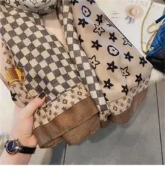 チェック柄 星柄 大判 綿麻スカーフ