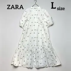 ZARA ザラ　 花柄　刺繍 ワンピース　パフスリーブ　ティアード　綿　白　L
