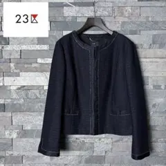 【大きいサイズ】23区　ラメ入りツイード　ノーカラージャケット　ネイビー　48