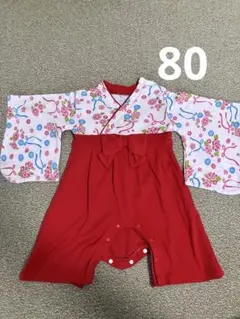 ベビー袴ロンパース 花柄 リボン 赤80cm 女の子