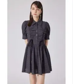 【美品】rienda フロントシャーリングリボンミニハーフシャツフレアワンピース