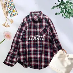 1343＊イング【M】チェック柄　長袖シャツ　赤　紺　カジュアル