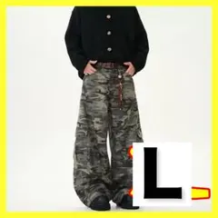 迷彩 ワイド デニム カーゴパンツ L カーキ　ストリート Y2K グランジ