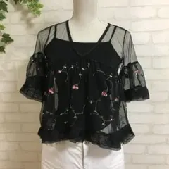 新品 ブラック オーガンジー刺繍ブラウス タンクトップ セットアップ