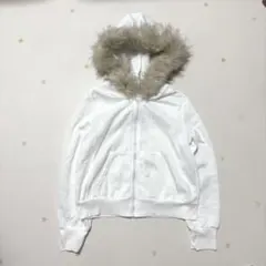 y2k 00s ファー ジップ パーカー 短丈 ホワイト 白 Lサイズ