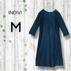 インディヴィ　INDIVI　上品フレアワンピース　フラワーレース　九分袖　膝丈