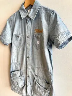 RE DARK インディゴ　ロング　半袖シャツ　デニムチュニック　羽織り　刺繍