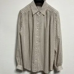 【UNIQLO】レディースベージュ✖️白チェック 長袖サイズ肩にギャザーゆったりL