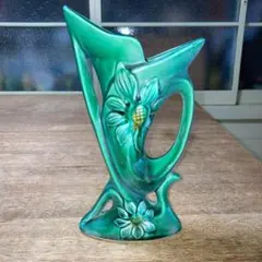 ヴィンテージ陶器1950年フラワーベースアンティークグリーンピンクプエルトリコ