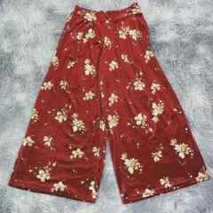 l'espoir【M】ワイドパンツ ベルベット調 花柄 ワインレッド 秋冬