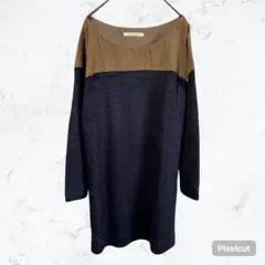J748 アダムエロペ 配色切替チュニックワンピース ネイビー ブラウン 38