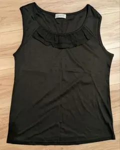 フリル付きノースリーブ タンクトップ カットソー 黒