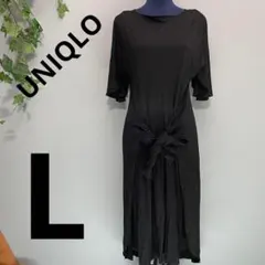 【UNIQLO】ユニクロ ワンピース L 5分袖 ロング丈 ワンポイント 黒