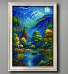 月光に包まれた静寂の山湖 心が澄む癒しの瞬間　開運グラフィックアート　額縁付き