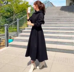 ロングワンピース パーカーワンピース 長袖 韓国 ブラック きれいめ フード